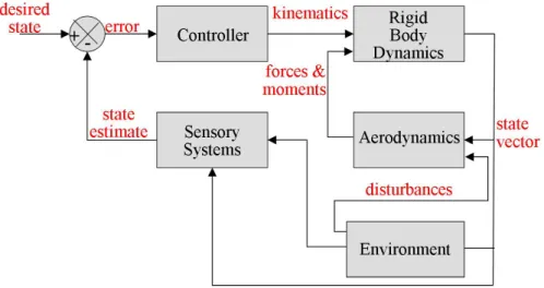 Figure 1.1: Feedback and control block diagram of the y. This thesis is concerned with understanding characteristics of the controller and sensory systems blocks.