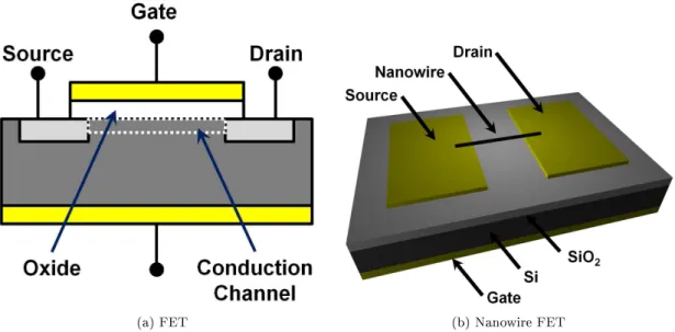 Figure 2.5: Field eect transistors (FETs). (a) A generic FET, including the source and drain with conduction channel between the two