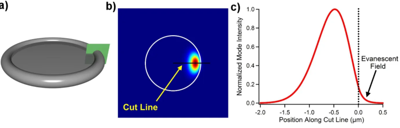 Figure 3.2: (a) A toroidal WGM resonator with a cut plane marked in green. (b) An image of the normalized mode intensity along the cut plane in (a) as calculated using the nite element solver COMSOL Multiphysics.