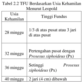 Tabel 2.2 TFU Berdasarkan Usia Kehamilan  Menurut Leopold 