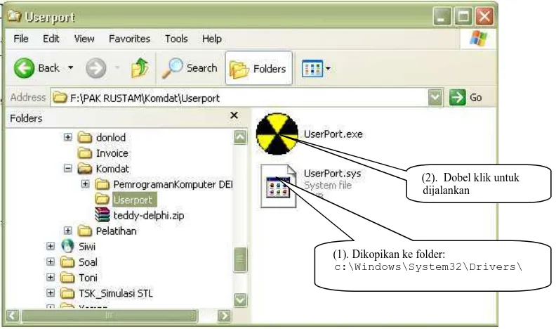 Gambar 6. Tampilan file UserPort.exe (aplikasi) dan file UserPort.sys (System) dalam Windows Explorer, serta urutan langkah pemakaiannya