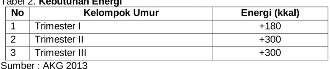 Tabel 2. Kebutuhan Energi  
