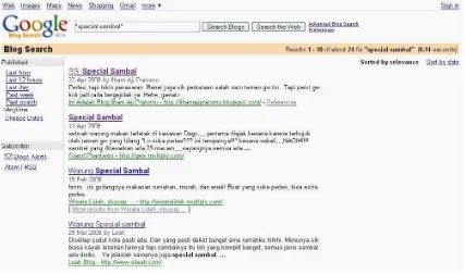 Gambar 1. Hasil pencarian blog yang membicarakan Special Sambal 