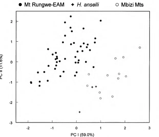 Fig. 4. Scatter plot of first and second principal components extracted from ordination of 16 log-transformed  craniodental variables as measured on 66 intact specimens representing large-bodied samples (OTUs 6•9) from  western Tanzania