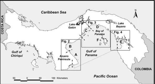 Figure 1. Panama. Survey area boundary indicated by a dotted line, and the boundaries between subregions by dashed lines
