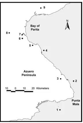 Figure 3. Waterbird nesting sites in the western Bay of Panama, eastern Bay of Panama (part), and Pearl  Is-lands 2005-2006
