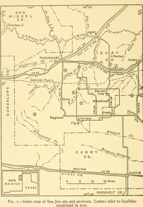 Fig. I. — Index map of San Jon site and environs. Letters refer to localities