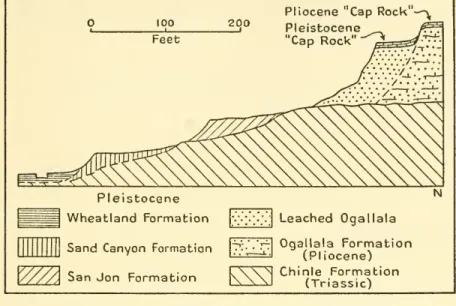 Fig. II. — Section showing relation of late Pleistocene formation to the "cap rock" and leached Ogallala formation at Puerto Canyon.