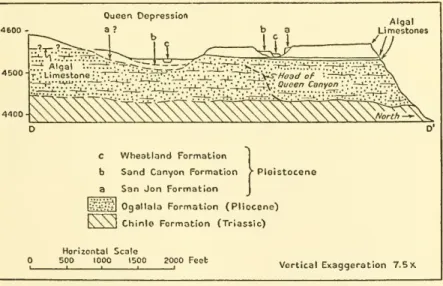 Fig. 12. — Section showing relation of multiple "cap rocks" and late Pleistocene formations to breached depression at the head of Queen Canyon.