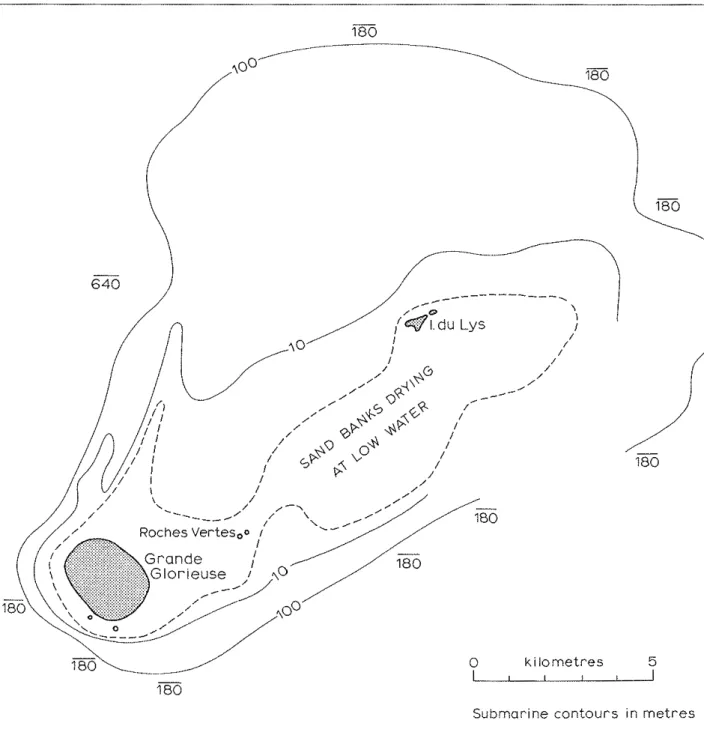 Fig.  2.  I l e s   G l o r i e u s e s ,   i n   p a r t   a f t e r   hydrographic  c h a r t   (from  ARB  159) 