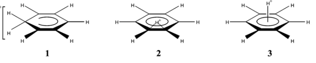 Figure 2.1: Structures for protonated benzene PES stationary points. Adapted from [3].