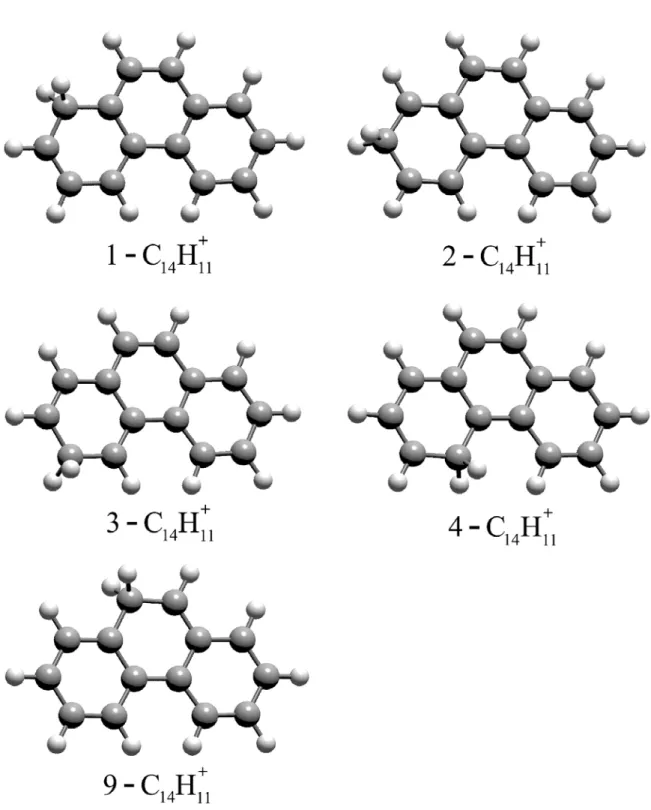 Figure 2.6: Structures of the protonated phenanthrene C 14 H + 11 isomers 1, 2, 3, 4 and 9.