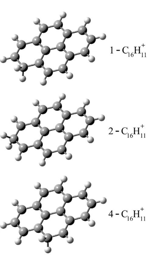 Figure 2.7: Structures of the protonated pyrene C 16 H + 11 isomers 1, 2 and 4.