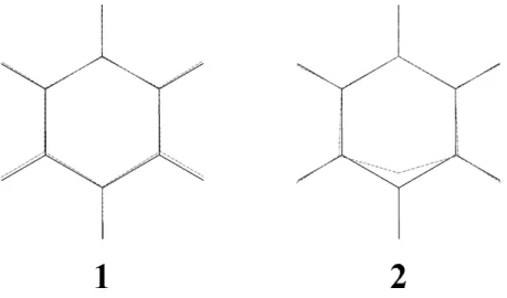 Figure 2.8: Benzene geometry changes (dashed line). 1 – during protonation, 2 – during cation dehydrogenation.