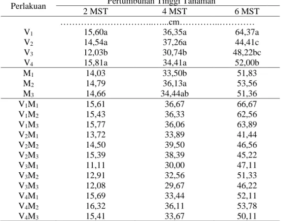Tabel  1.  Rataan  Tinggi  Tanaman  Beberapa  Varietas  Kacang  Kedelai  Terhadap  Pemberian Fungi Mikoriza Arbuskular Umur 2, 4 dan 6 MST 