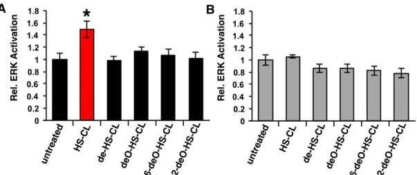 Figure 2-16. ERK1/2 activation by cell surface engineering. (A) mESCs were transfected with  the  HTP  construct,  functionalized  with  different HS-CL  structures  and  then  stimulated  with  FGF2