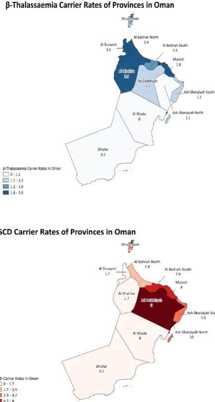 Figure 9. SCD carrier  rates of provinces in  Oman based on data  gathered by TIF. 