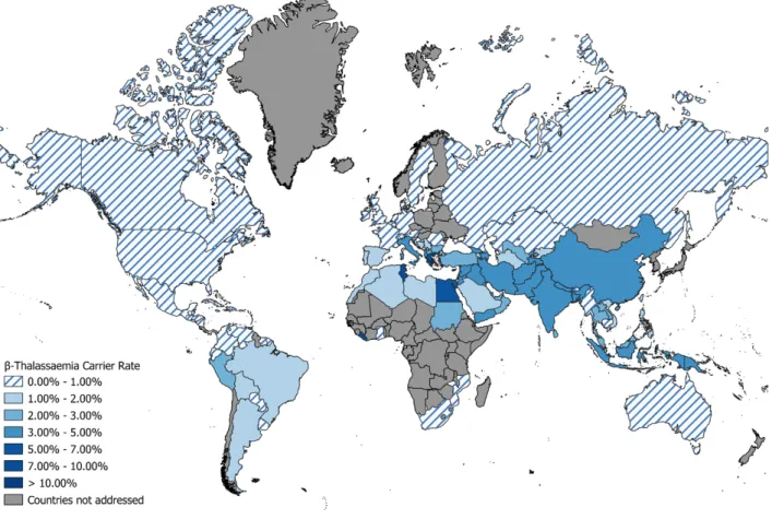 Figure 1. β-Thalassaemia carrier rates across the World, based on data gathered by TIF