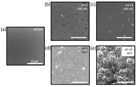 Figure  2.3.  SEM  images  of  n-CdTe  electrodes  (a)  before  test,  and  (b-e)  after  the  chronoamperometry (b) biased at -100 mV vs