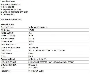 Gambar .2 Spesifikasi Sensor Split  Current Transformer CT301