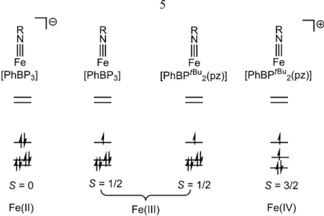 Figure 1.3. The electronic configurations for structurally related iron imides in  three different oxidation states and spin states