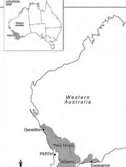 Fig. 1.1. Map showing the WA agricultural region and the Brockman Line. The Brockman Line was an outcome of the Royal Commissions in 1917–18 identified as what was believed to be the inland safe rainfall limit for wheat growing.