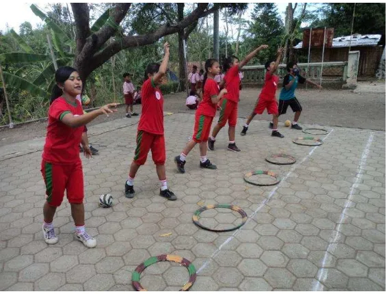 Gambar 17. Melakukan Menolak dengan Menggunakan Bola Berat Diarahkan Lingkaran Sejauh 3-5 Meter 