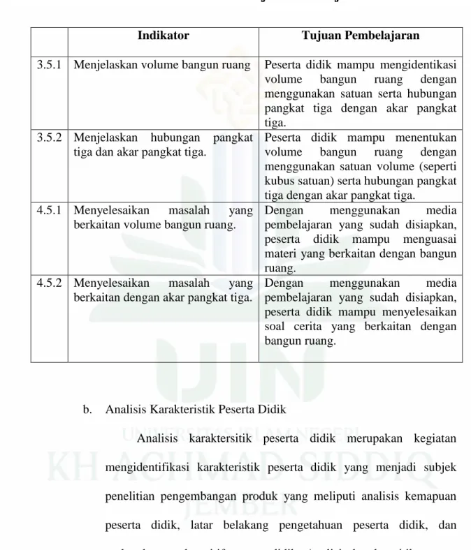 Tabel 3.2 Indikator dan Tujuan Pembelajaran 