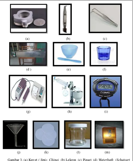 Gambar 3. (a) Kuvet ( Smic, China)Digital (i) DIN 40050 –IP,Germany)Profilometer   (b) Lekron  (c) Pinset  (d) Waterbath  (Schutzart  (e) Rubber bowl and Spatula pengaduk (f )Pot Akrilik  (g) (Mitutoyo,Jepang) (h) Rotary Evaporator (RE300 Made in Stuart,UK) Stopwatch  (j) Corong kaca  (k) Kertas penyaring  (l) Toples kaca  (m) Timbangan (Sartorius AG Gottingen, Germany) 