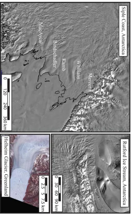 Figure 1.3: Satellite imagery of the specific ice streams discussed in this thesis.  Note  that the location of each panel is shown in figure 1.1