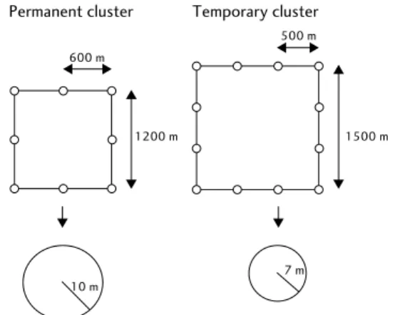 Fig. 3.1 Design of cluster plots as implemented in the NFI in Sweden. (From Ranneby et al