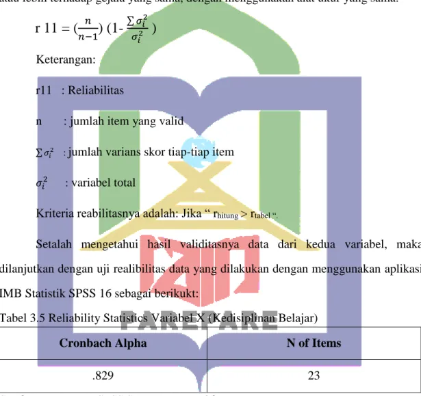 Tabel 3.5 Reliability Statistics Variabel X (Kedisiplinan Belajar)   