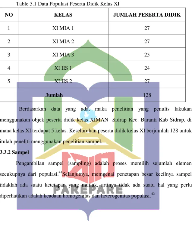 Table 3.1 Data Populasi Peserta Didik Kelas XI 