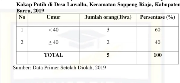 Tabel 7.  Klasifikasi  Umur  Responden  Petani  dalam  Usaha  Budidaya  Ikan  Kakap Putih di Desa Lawallu, Kecamatan Soppeng Riaja, Kabupaten  Barru, 2019 