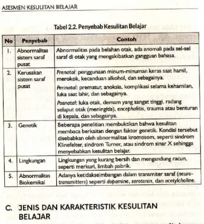 Tabel  2.2. Penyebab  Kesulitan  Belajar