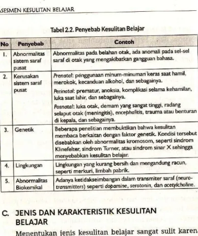Tabel  2.2. Penyebab  Kesulitan  Belajar