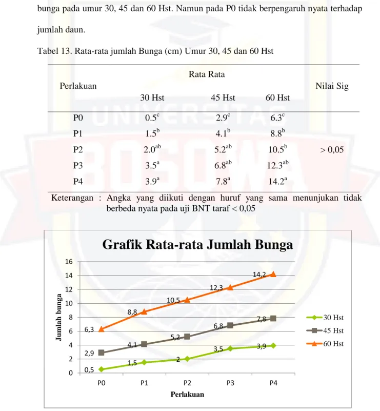Tabel 13. Rata-rata jumlah Bunga (cm) Umur 30, 45 dan 60 Hst 