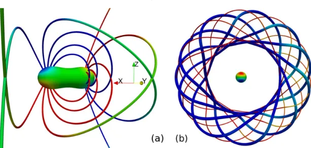 Figure 3.3: Head-on, transverse-spin simulation: (a) Shortly after merger, vortex lines link horizon vortexes of same polarity (red to red; blue to blue)