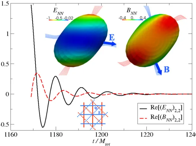 Figure 3.5: Bottom inset: tendex and vortex lines for a plane gravitational wave; E × B is in the propagation direction