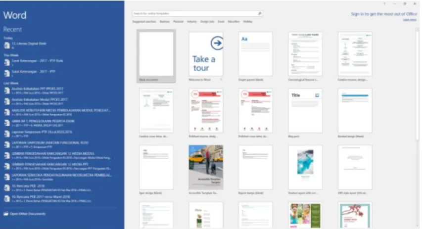 Gambar 1. Tampilan awal Microsoft Word 2016 