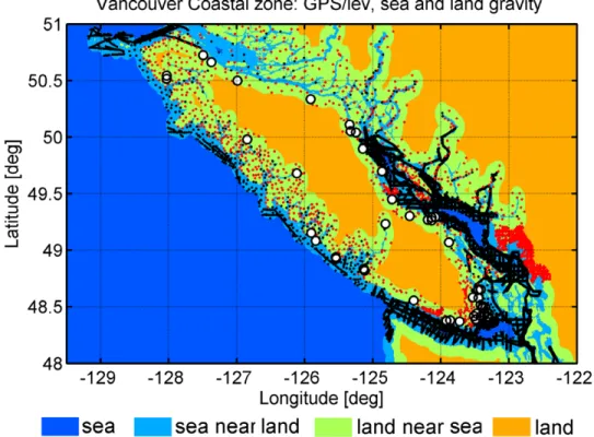 Figure 3. Land gravity (red), sea gravity (black) and GPS/levelling points (circles) over the  Vancouver test area