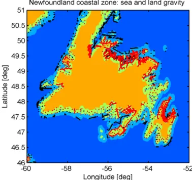 Figure 6. Land gravity (red) and sea gravity (black) over the Newfoundland test area. For legend see Figure 3