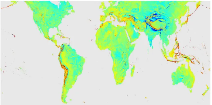 Figure 1. Coverage of GGMplus. Shown are mean values of the radial component of the gravity 402 