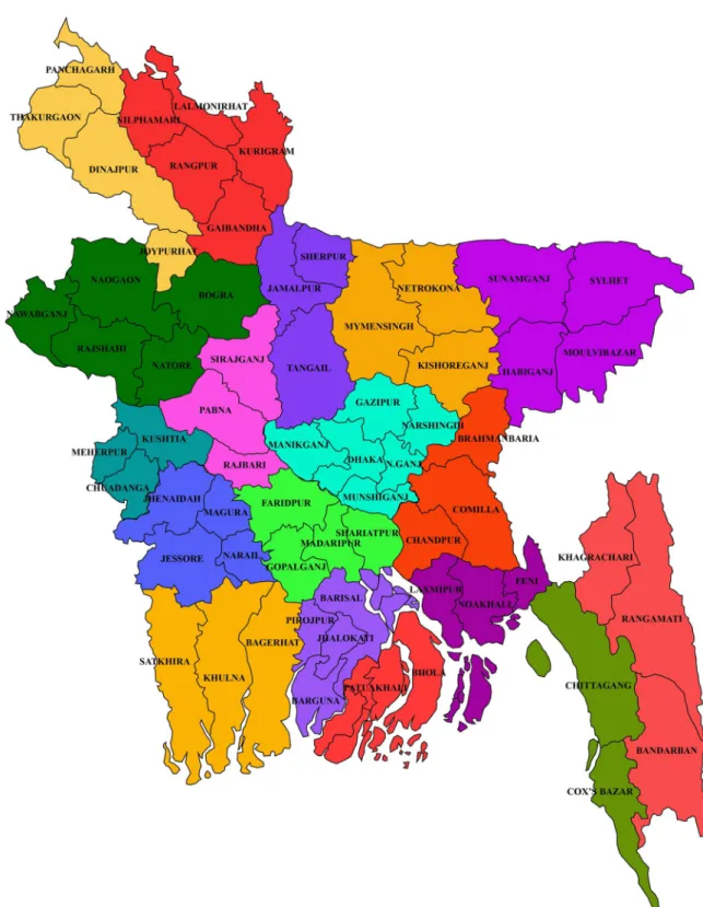 Fig 1. Relative geographical location of the study areas. Different colors refer to different zones