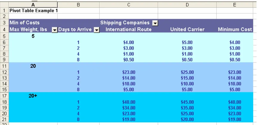 Figure 6.2 The final pivot table reorganizes the data so that costs can be easily compared