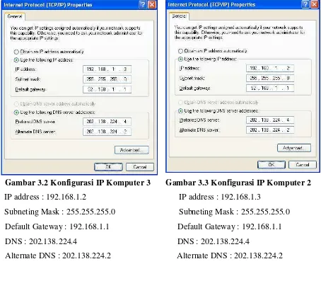 Gambar 3.2 Konfigurasi IP Komputer 3       Gambar 3.3 Konfigurasi IP Komputer 2 