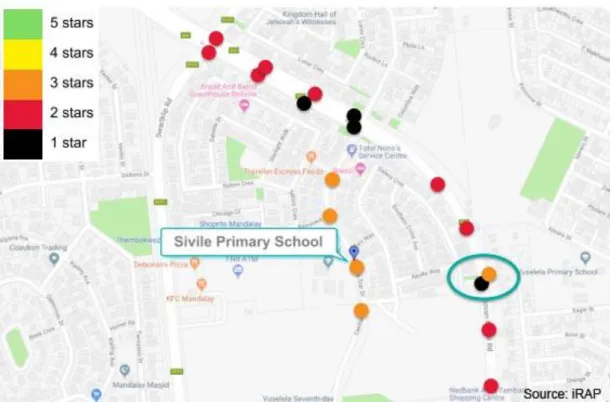 Figure 4 shows an example map showing the star ratings for selected locations (i.e.,  critical locations) around a school