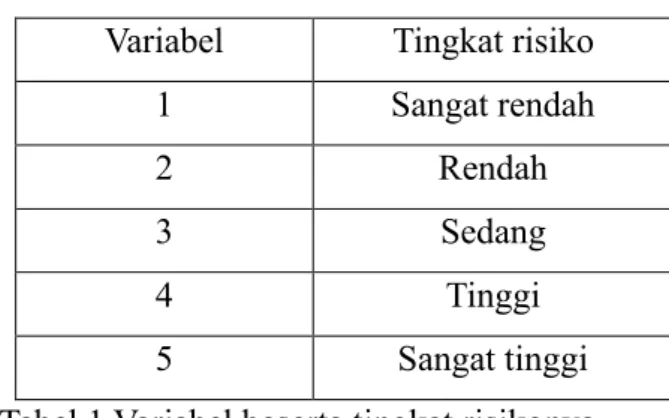 Tabel 1 Variabel beserta tingkat risikonya 