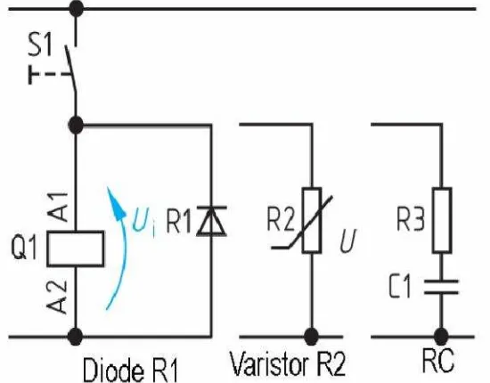 Gambar 13. Diode, Varistor dan RC sebagai pengaman relay.