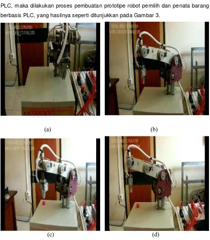 Gambar 3.(a),( b),(c), (d) Aneka posisi robot pemilih dan penata barang berbasisPLC sebagai sarana Praktik Otomasi di SMK.